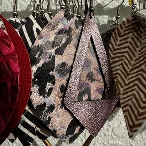 Purple, gray, black animal print leaf leather earrings or gunmetal abstract pair